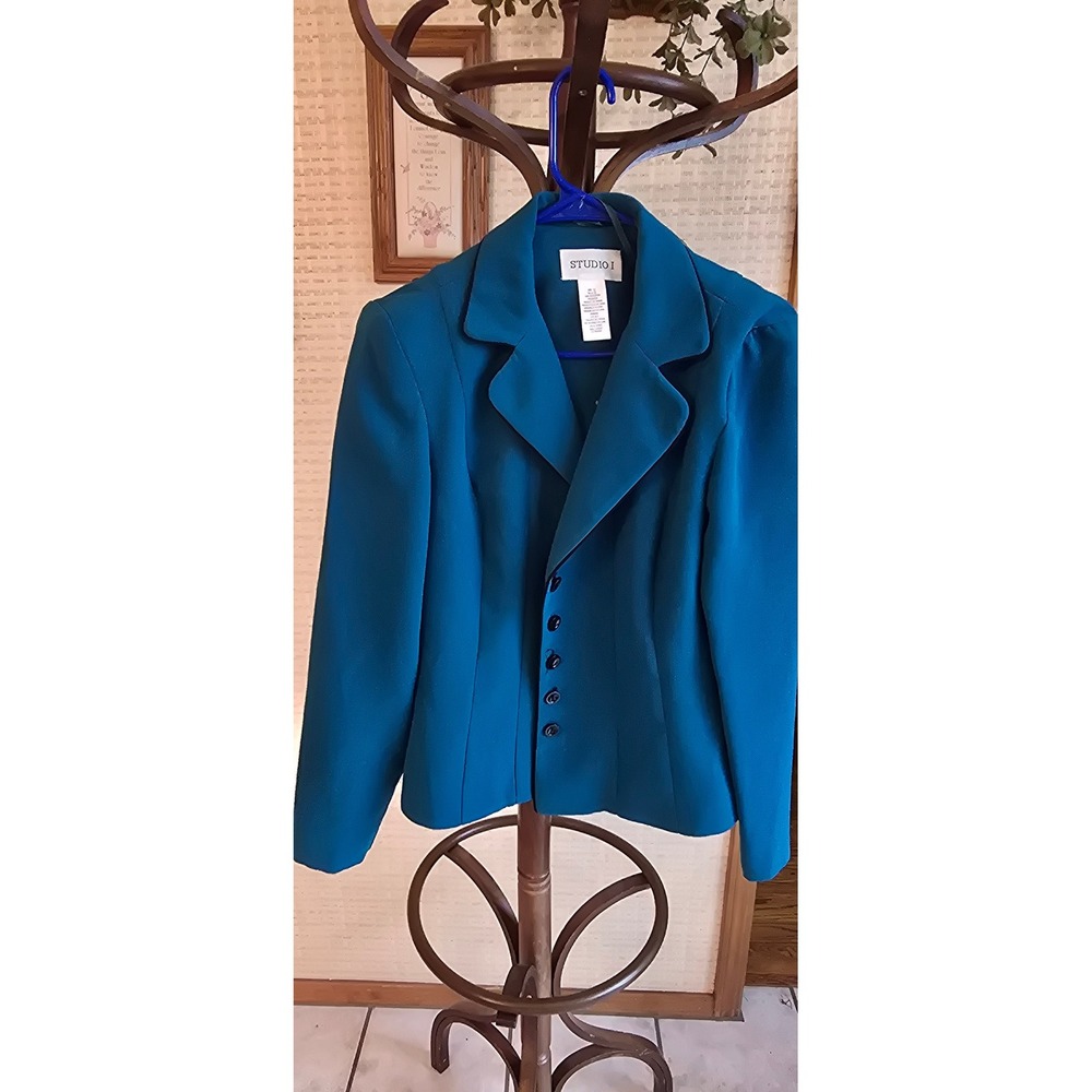 Studio I Teal Blue 5-Button Blazer Jacket Size 12 Notched Lapel Professional
